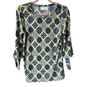 Pappagallo Blue Green Geometric Print Blouse Womens S Casual Preppy Classic 3/4